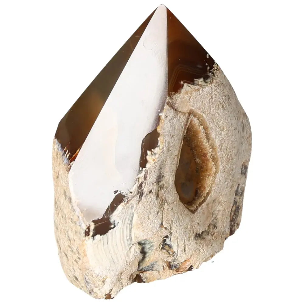 Polished Agate Point crystal; elegant and spiritual decor by Sylvia Crystals, enhancing energy and aesthetics in any space.