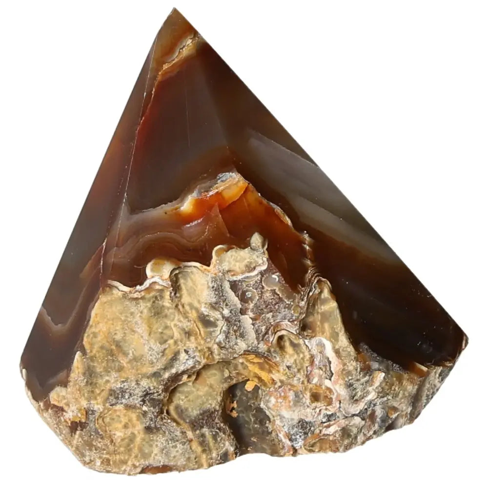 Polished Agate Point crystal with rich earthy tones showcasing natural patterns, offering grounding energy and harmony. Sylvia Crystals premium.