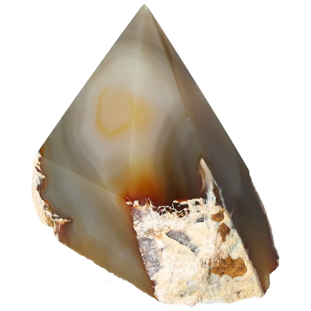 Polished Agate Point from Sylvia Crystals showcasing its natural beauty and spiritual energy properties against a white background.