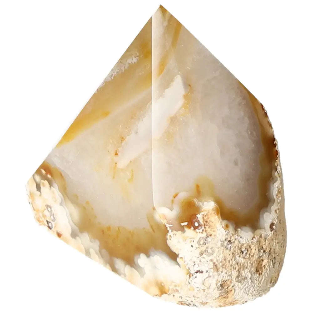 Polished agate point crystal from Sylvia Crystals, highlighting its unique patterns and energy-balancing properties.