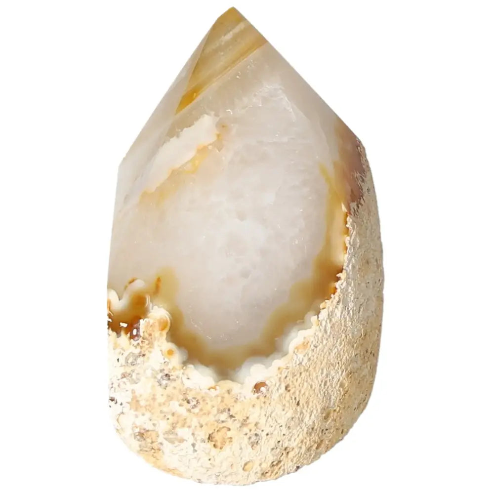 Polished Agate Point gemstone by Sylvia Crystals, featuring natural texture and colors, perfect for energy balance and harmony.