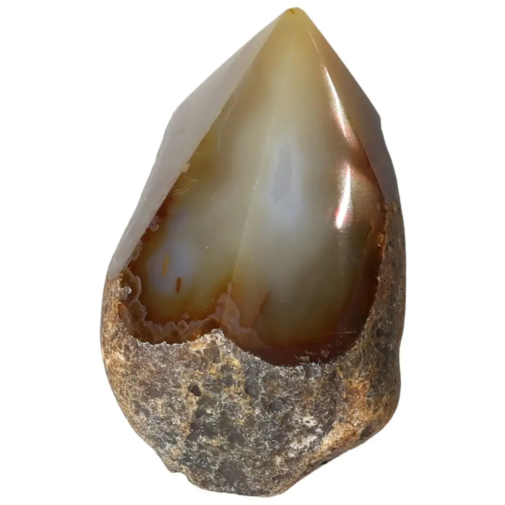 Polished Agate Point with smooth surface reflecting light, from Sylvia Crystals, enhancing space with elegance and quality.