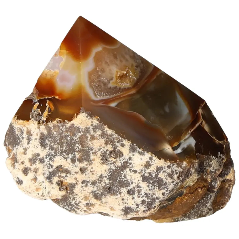 Polished Agate Point from Sylvia Crystals showcasing natural patterns and vibrant colors, symbolizing aesthetics and spirituality.