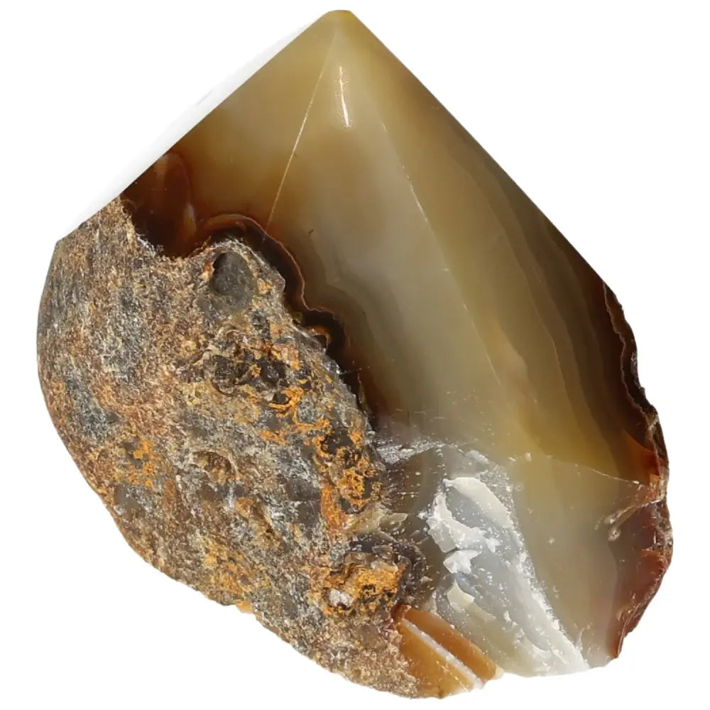 Polished agate point gemstone with smooth, reflective surface from Sylvia Crystals, perfect for home decor and energy balance.