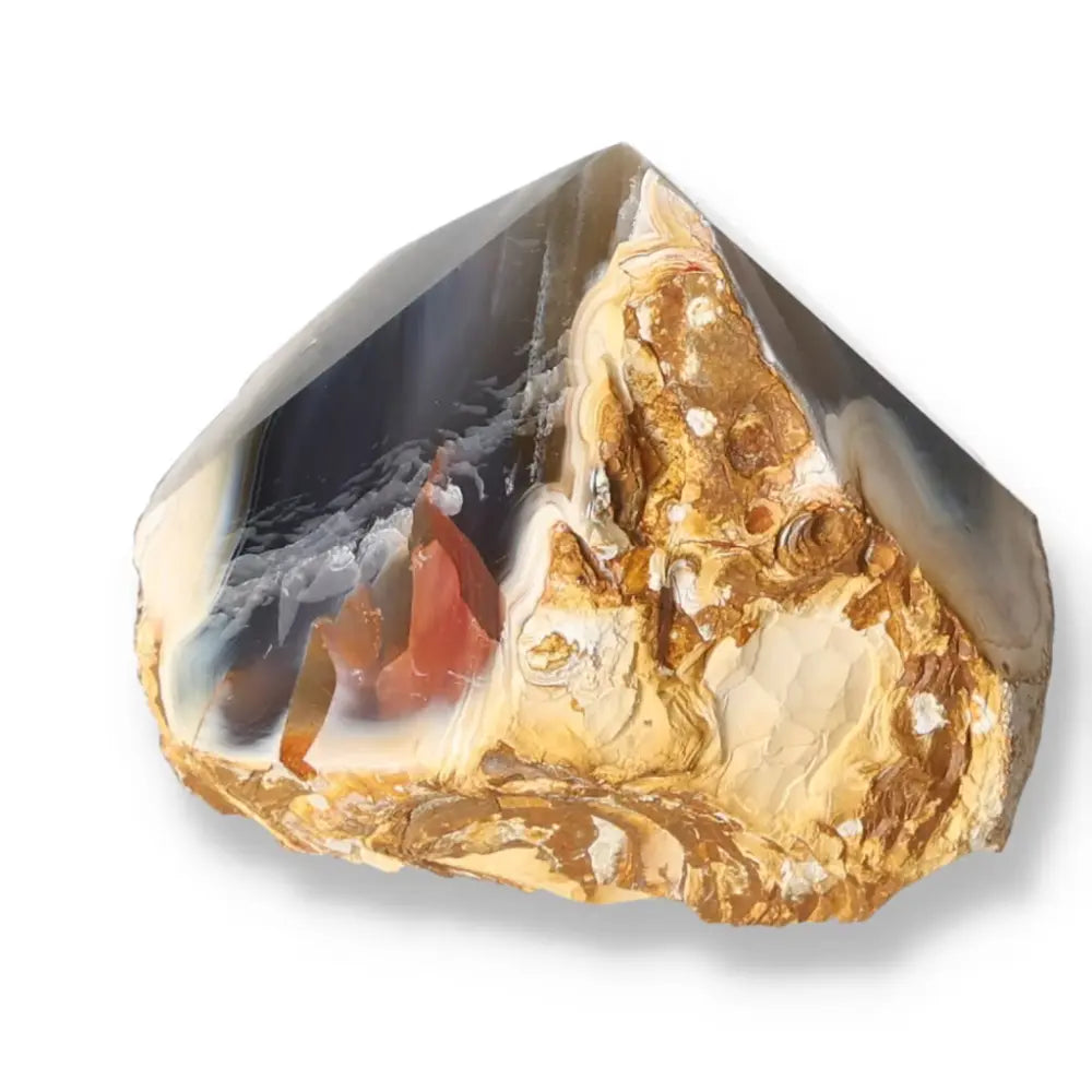 Polished Agate Point gemstone by Sylvia Crystals, a visually stunning and energy-harmonizing piece promoting emotional balance.