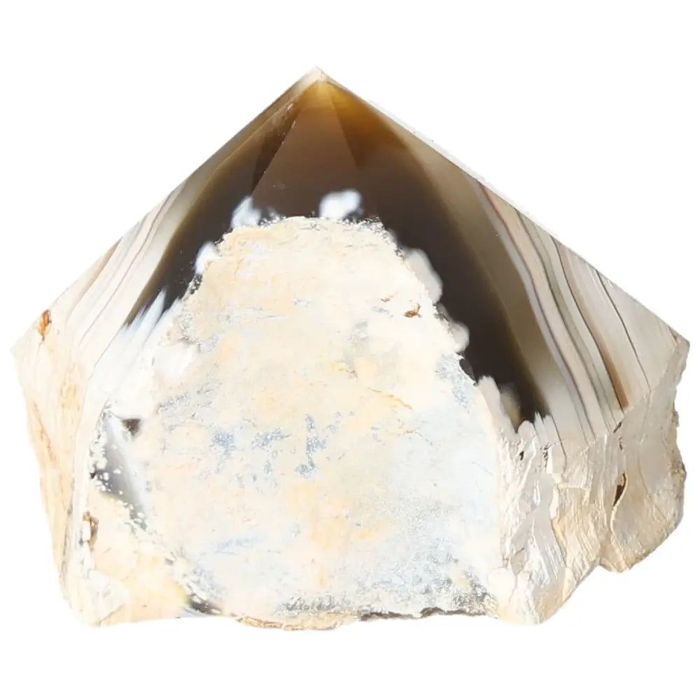 Polished Agate Point with natural hues and patterns, a Sylvia Crystals masterpiece for spiritual serenity and harmony.