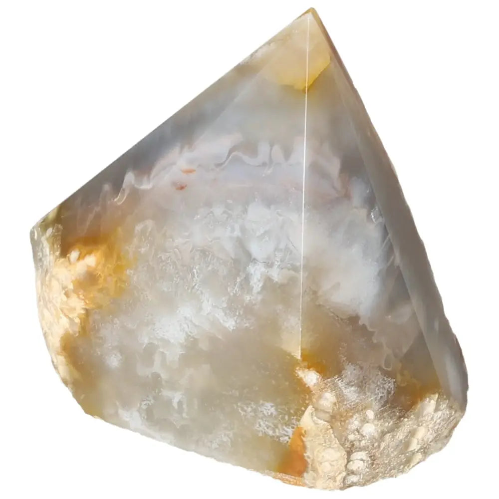 Polished Agate Point gemstone from Sylvia Crystals, displaying serene energy and harmonizing properties, ideal for decoration and grounding.