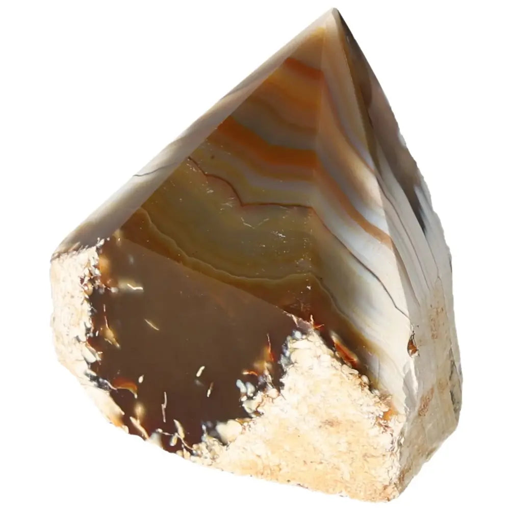 Polished Agate Point showcasing unique hues and intricate patterns, highlighting spiritual serenity and natural beauty by Sylvia Crystals.
