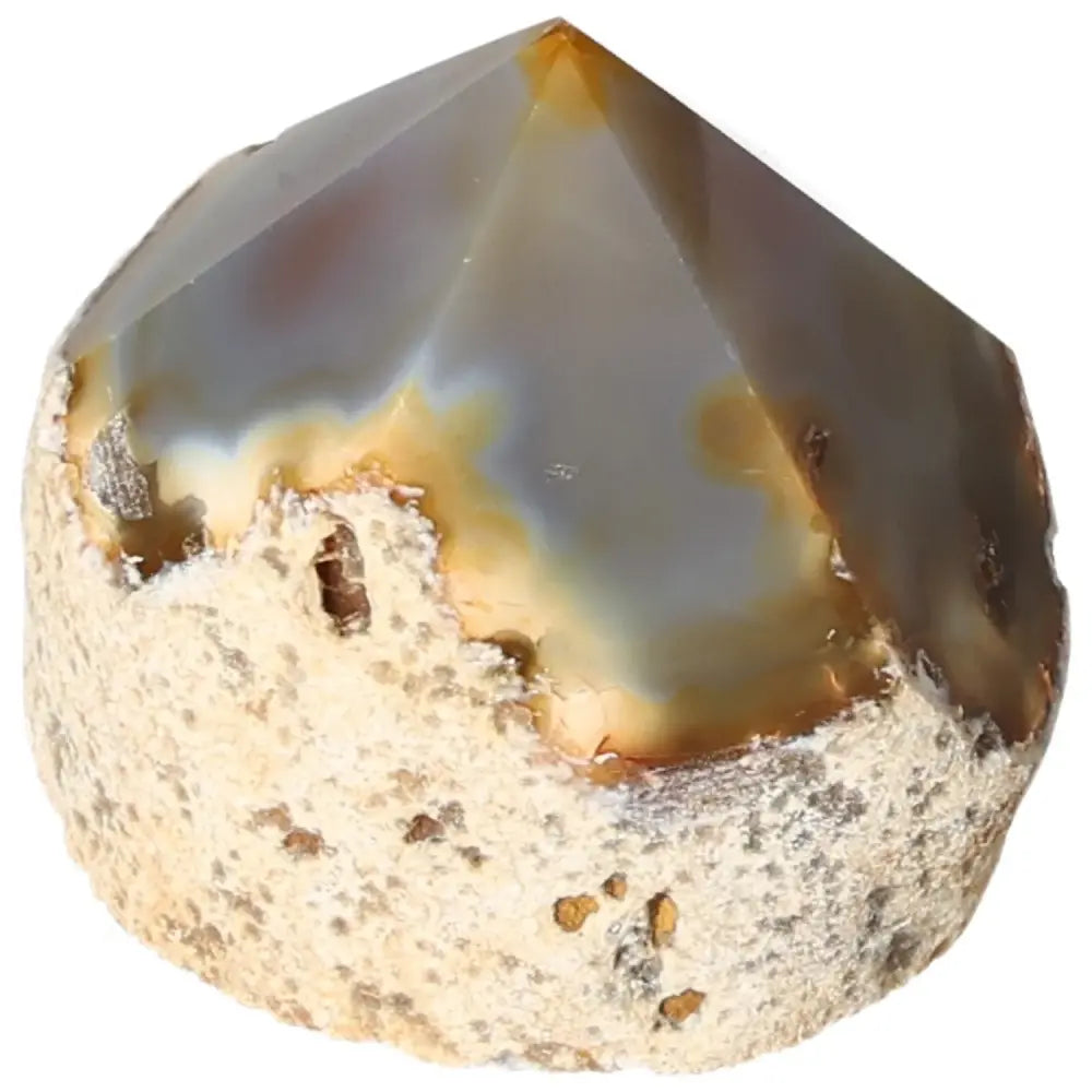 Polished Agate Point by Sylvia Crystals, showcasing natural texture and colors, ideal for home or meditation decor.