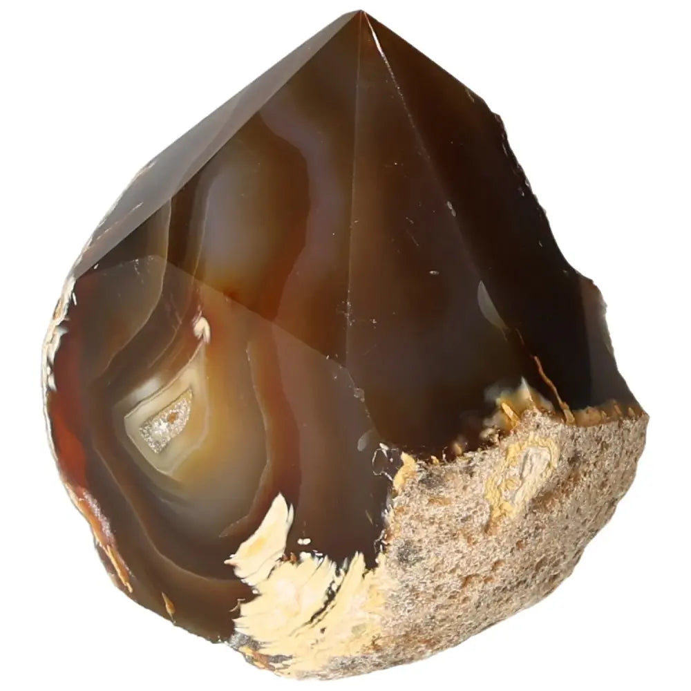 Polished Agate Point gemstone from Sylvia Crystals, ideal for meditation spaces, known for harmonizing and stabilizing energies.