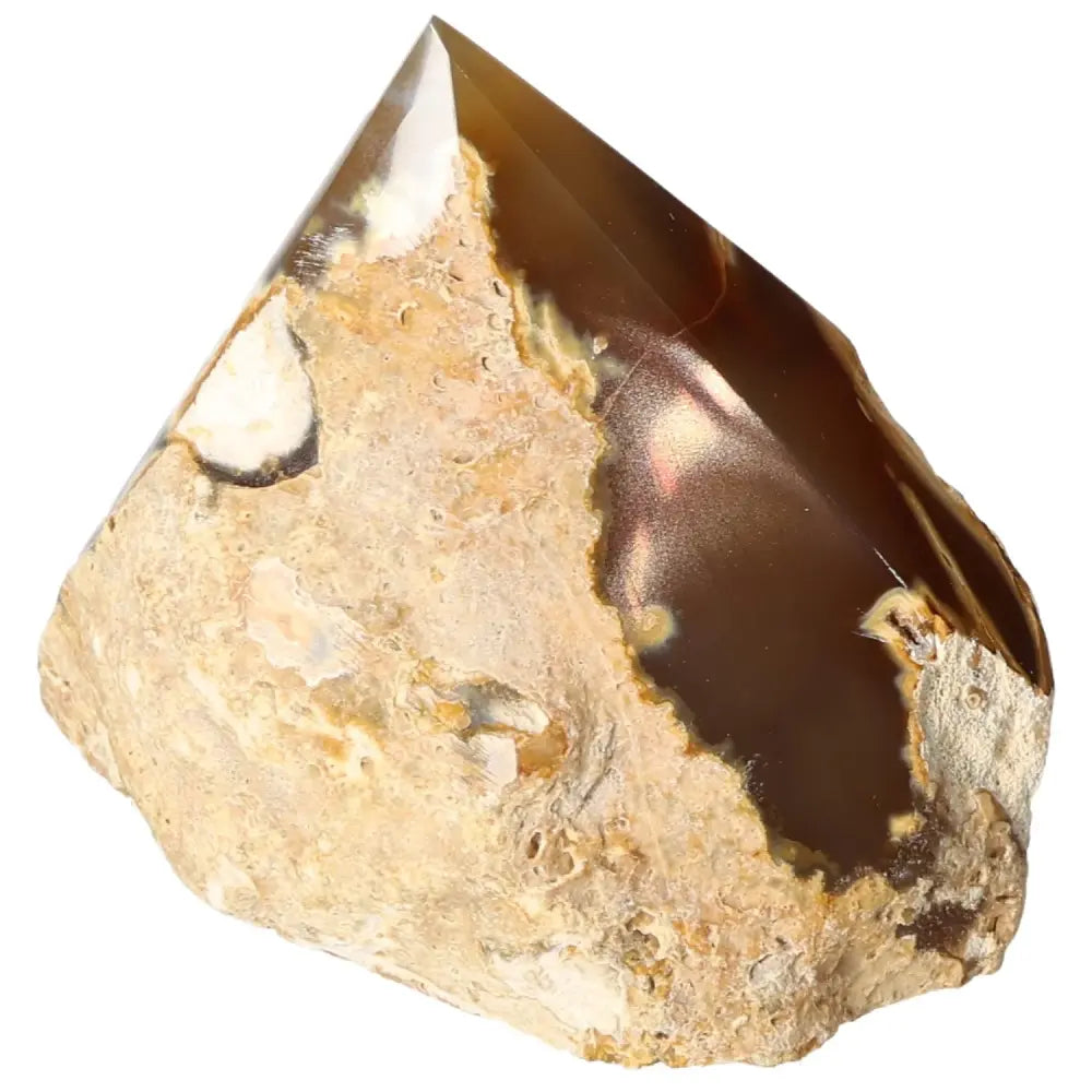 Polished agate point gemstone with unique patterns, reflecting luxury and spiritual harmony for emotional balance and tranquility.