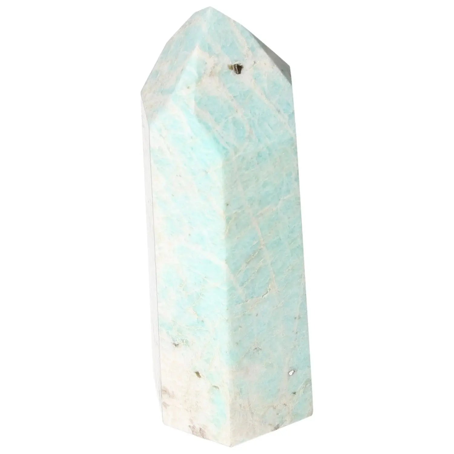 Polished Amazonite Obelisk from Sylvia Crystals, showcasing its unique charm and spiritual benefits in a contemporary design.
