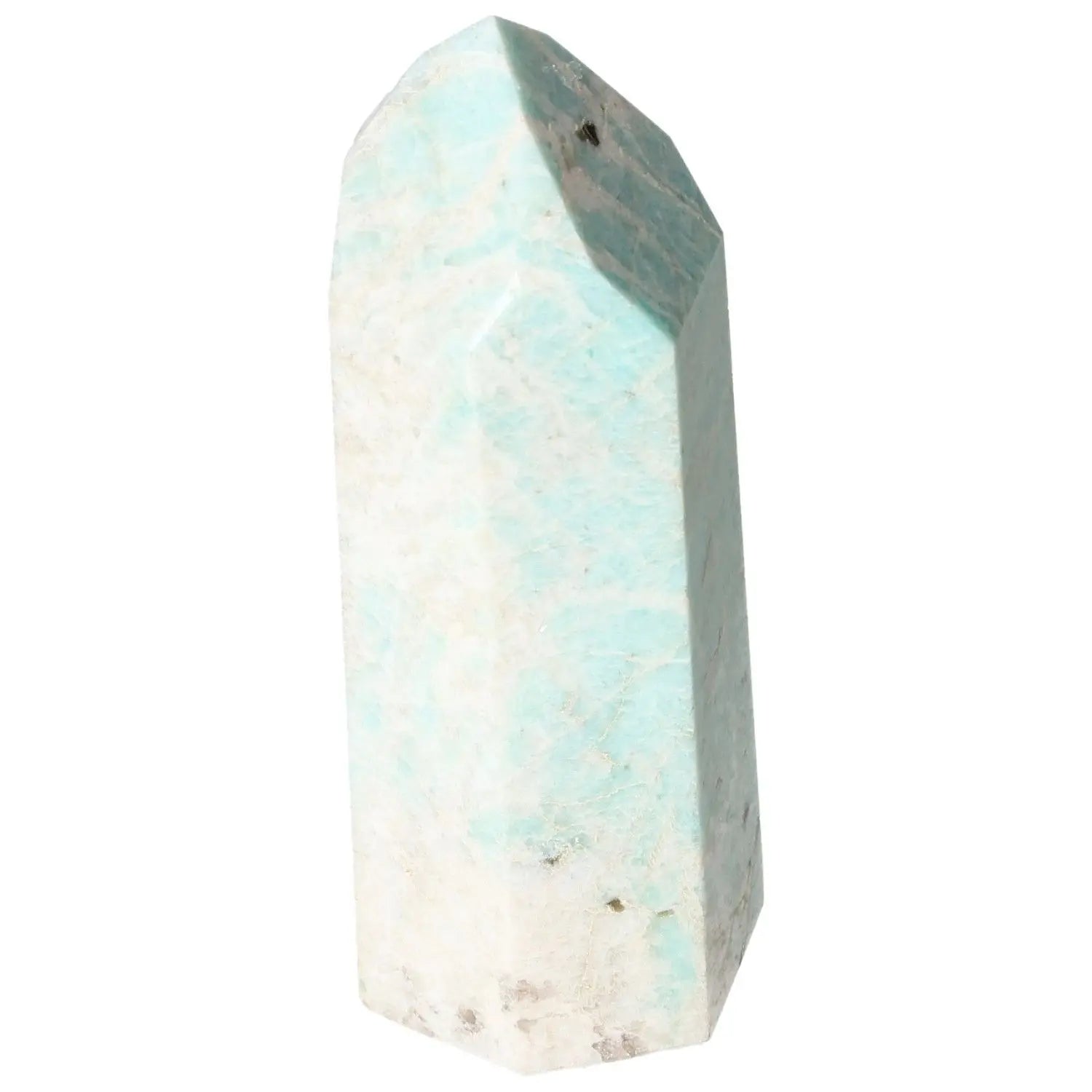 Polished Amazonite Obelisk from Sylvia Crystals, showcasing luxury and spirituality in a contemporary design.
