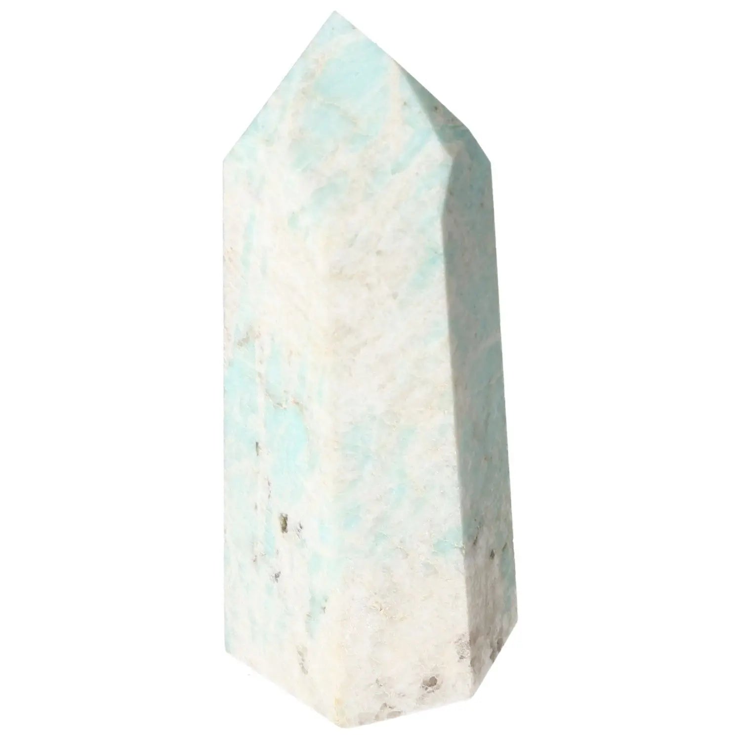 Polished Amazonite Obelisk from Sylvia Crystals, showcasing unique charm and spiritual benefits in luxury contemporary design.
