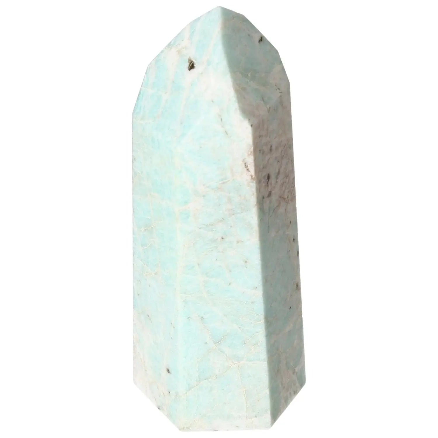 Polished Amazonite Obelisk from Sylvia Crystals, showcasing luxury and spirituality with its unique design and calming hues.