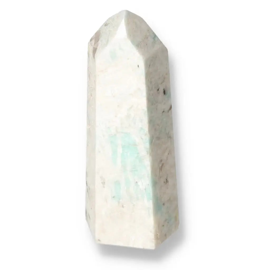 Polished Amazonite Obelisk from Sylvia Crystals, showcasing serene beauty and emotional balance.