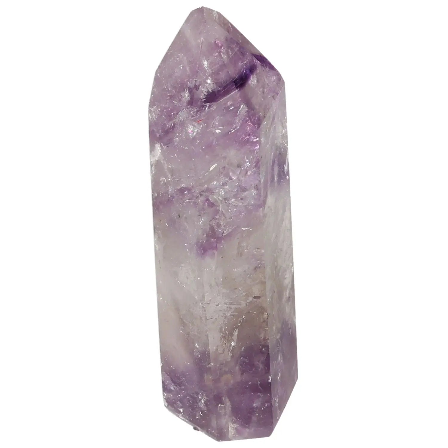 Polished Amethyst Obelisk by Sylvia Crystals, known for stress reduction and enhancing concentration, set against a clear background.