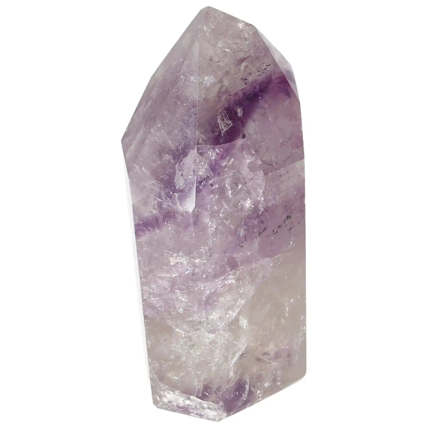 Polished Amethyst Obelisk by Sylvia Crystals, highlighting natural elegance and stress-relieving benefits, standing on a white background.