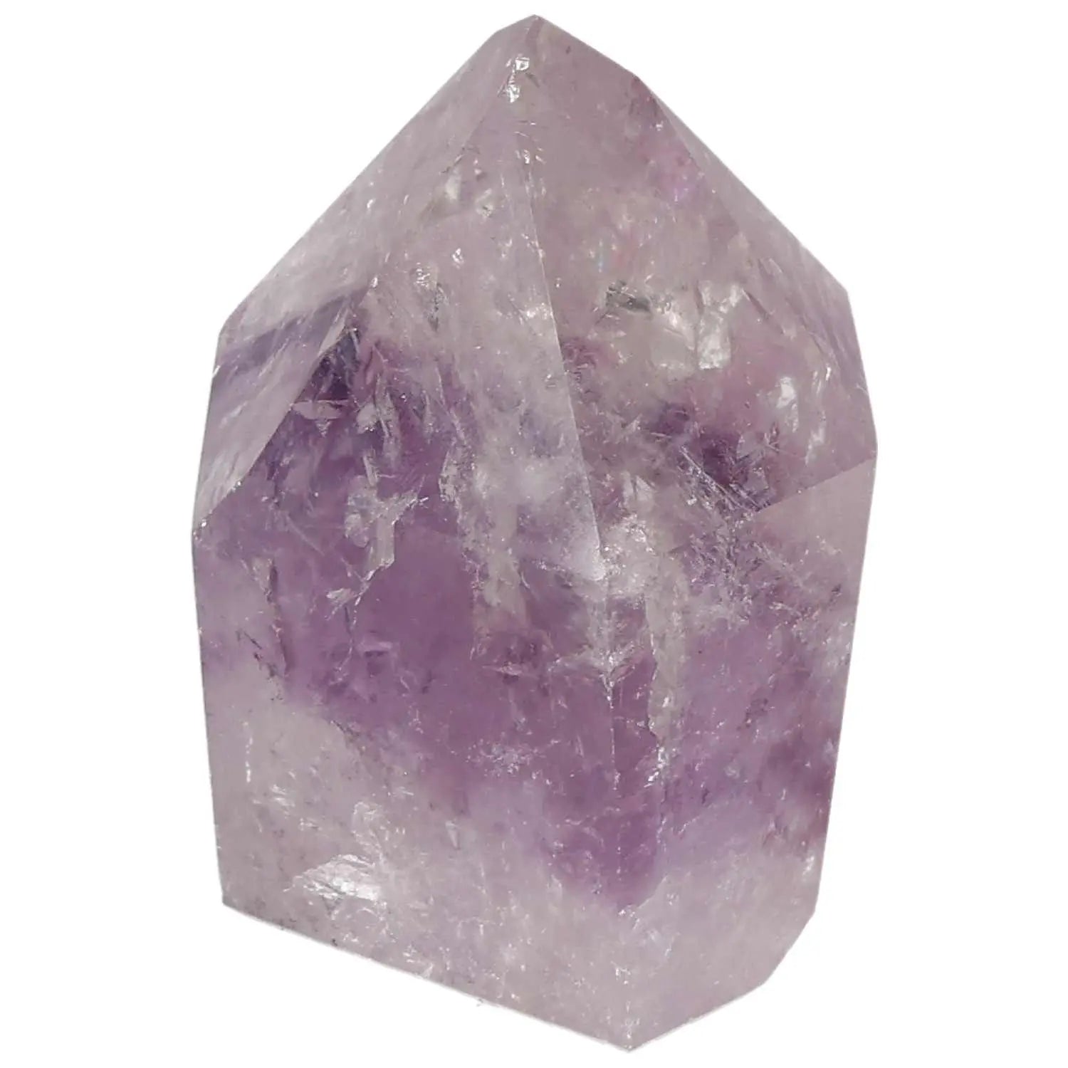 Polished amethyst obelisk from Sylvia Crystals, known for stress reduction and enhancing clarity, featuring a stunning purple hue.