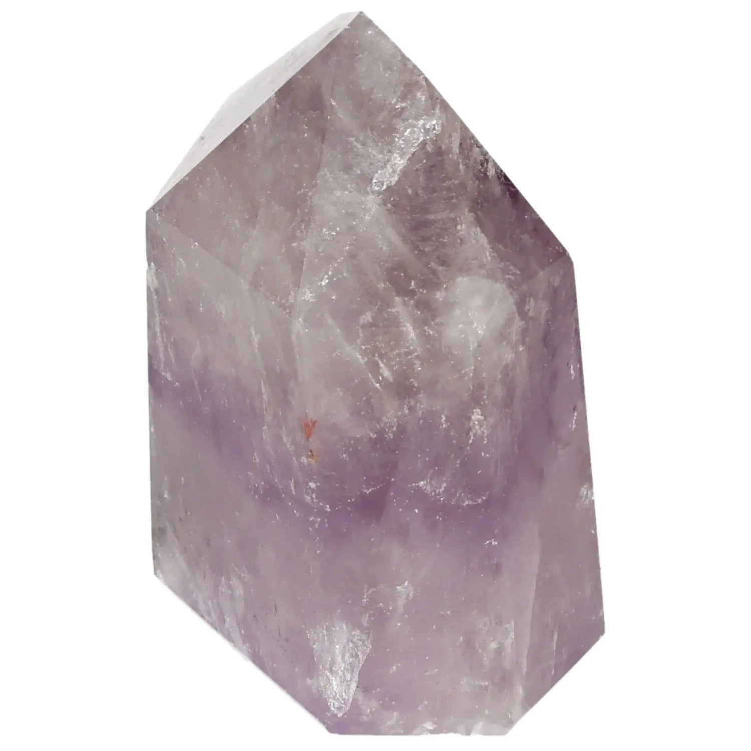 Polished Amethyst Obelisk by Sylvia Crystals, a luxurious stress-reducing crystal for home or workspace, boosts tranquility and focus.