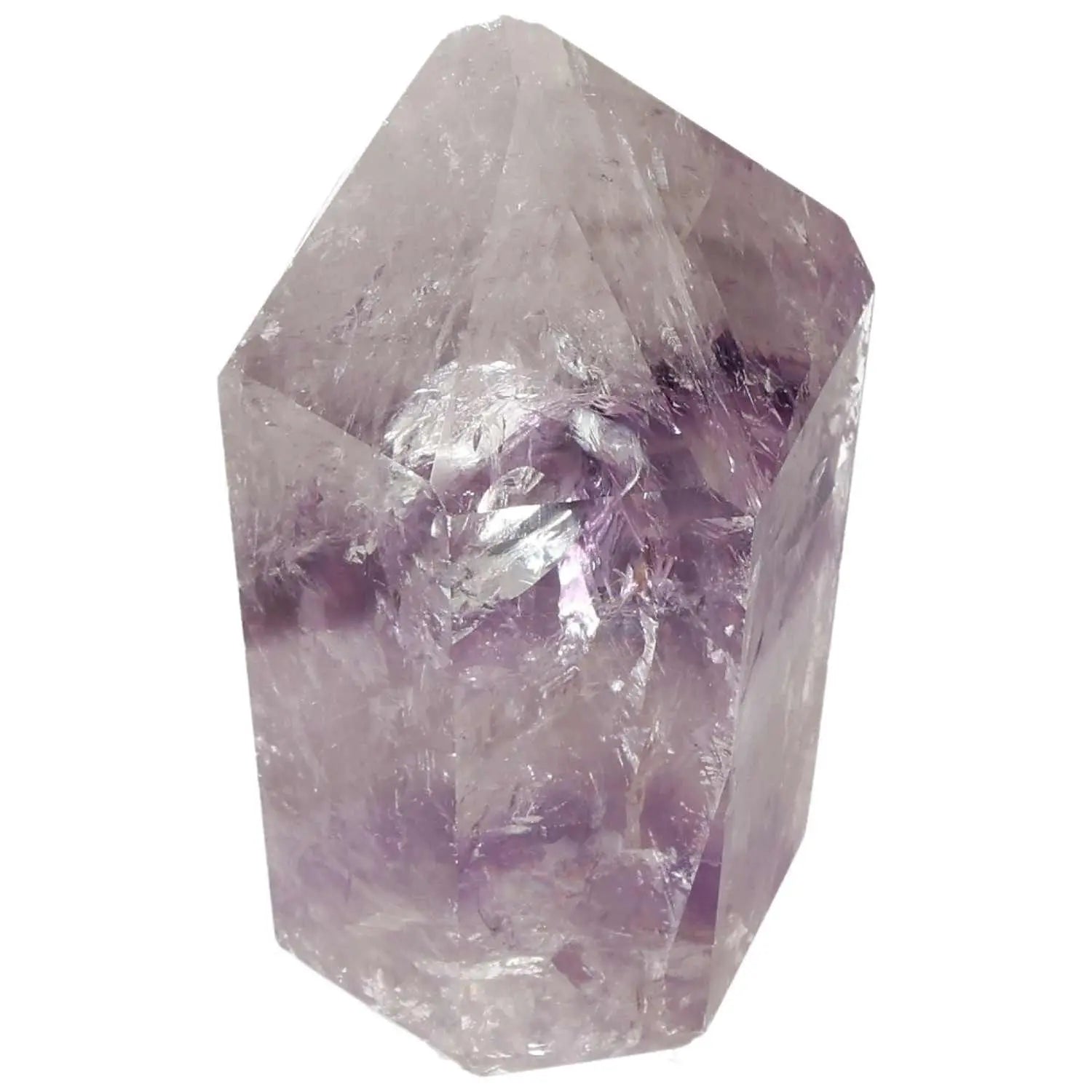 Polished amethyst obelisk with premium quality, enhancing mental wellness and reducing stress, by Sylvia Crystals.