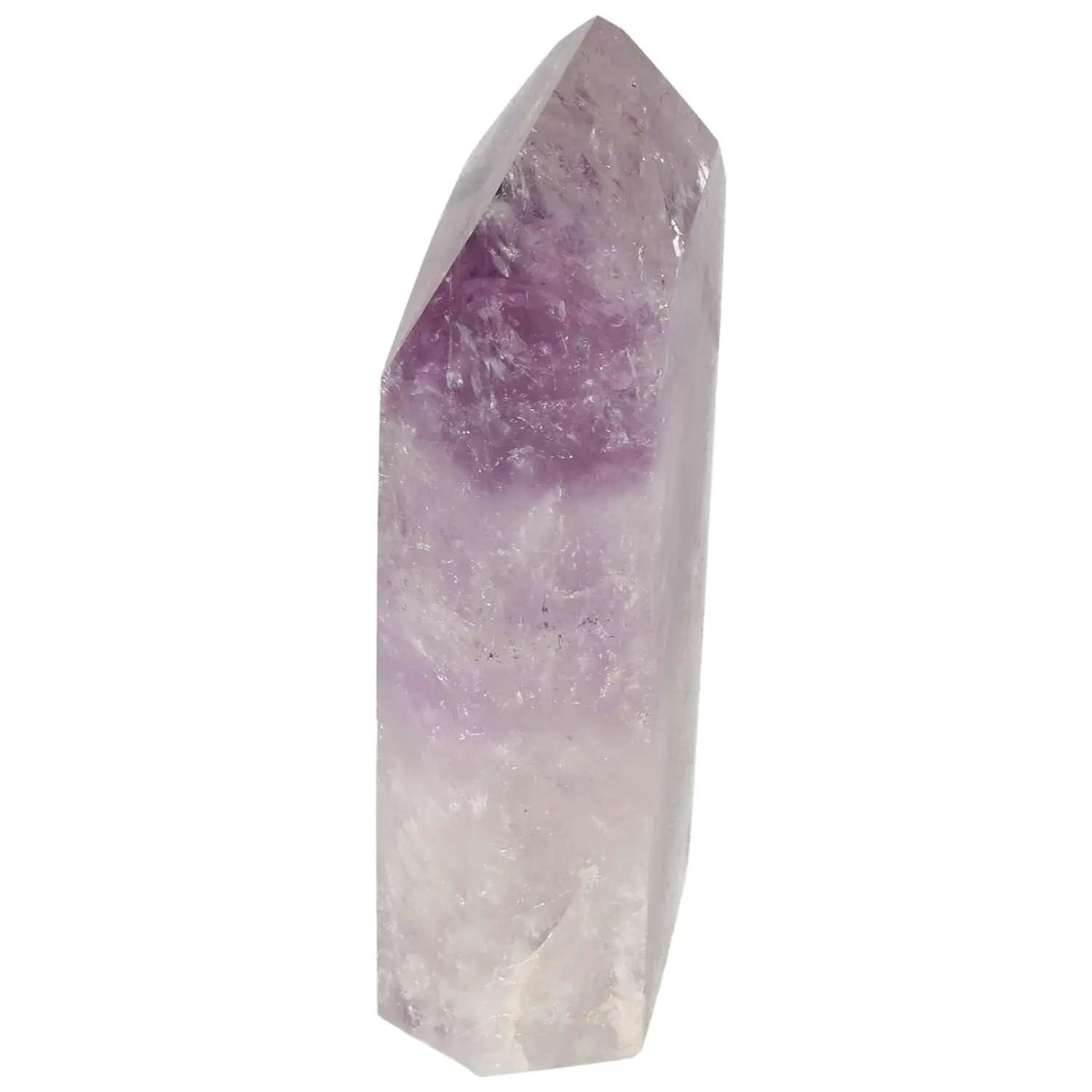 Polished Amethyst Obelisk by Sylvia Crystals, a luxury decor piece offering stress relief and emotional stability benefits.