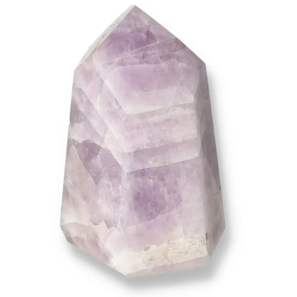 Polished Amethyst Super Seven Point crystal by Sylvia Crystals, renowned for stress relief and energy enhancement.