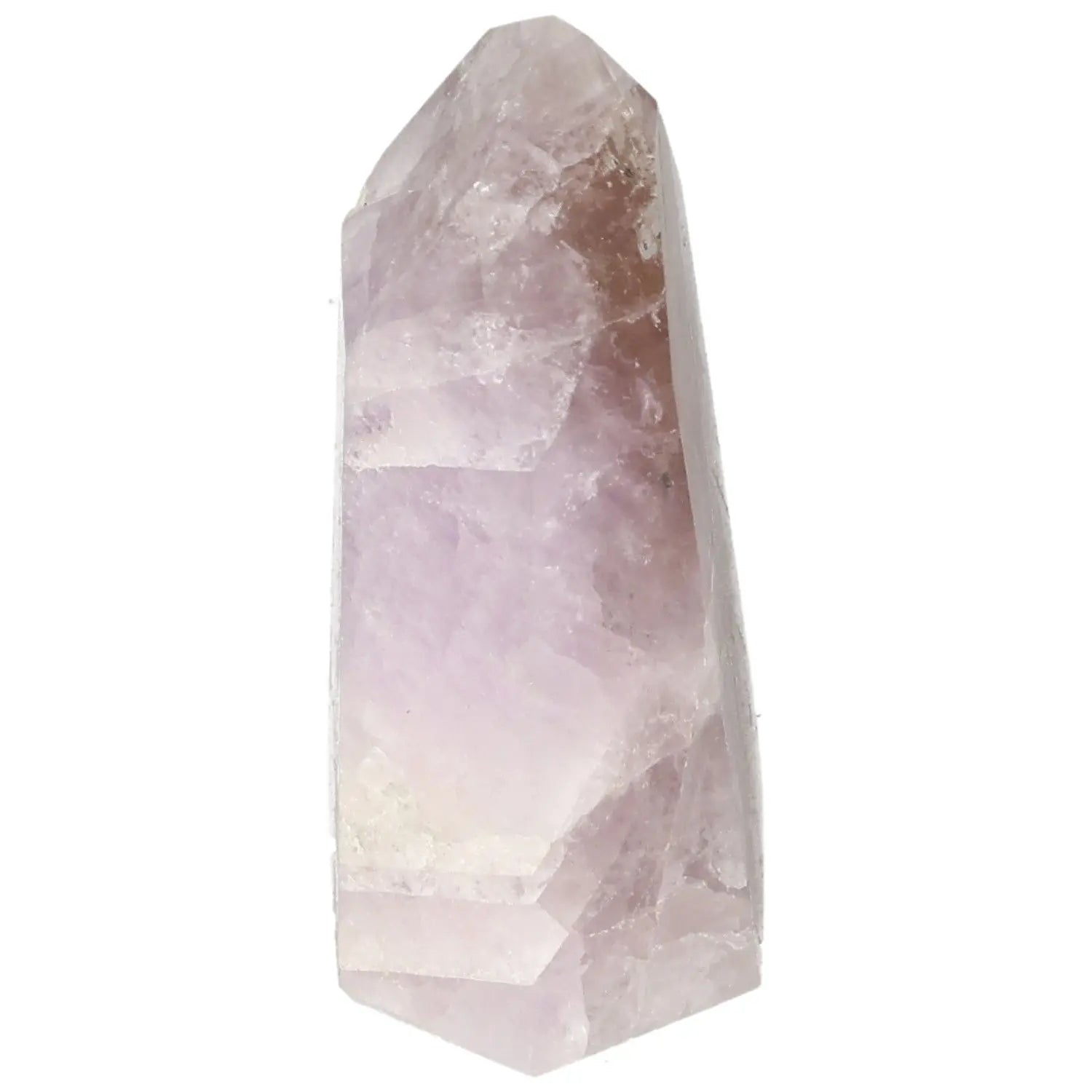 Polished Amethyst Super Seven Point crystal from Sylvia Crystals, known for stress relief and emotional balance, displayed on a white background.