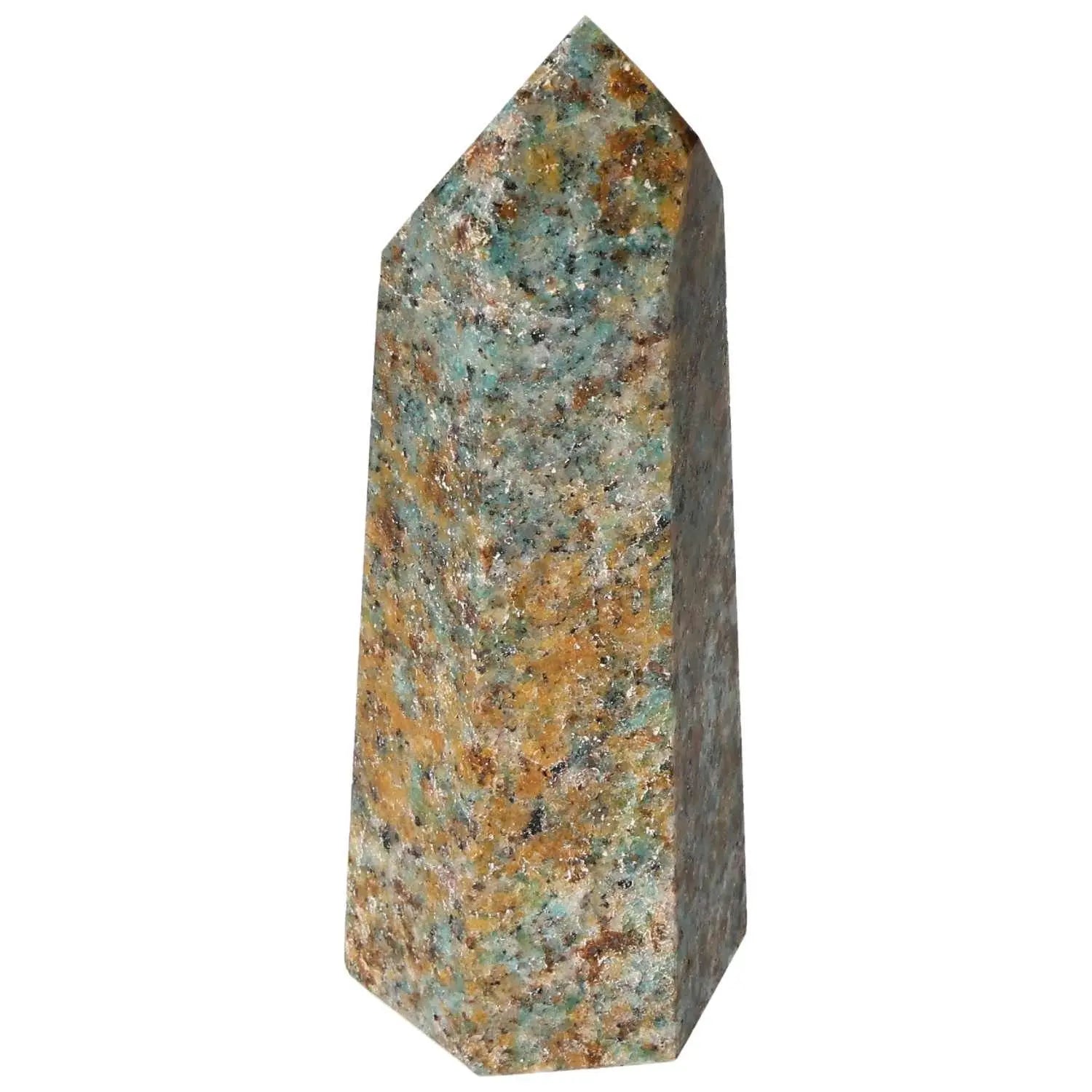 Polished Apatite Obelisk by Sylvia Crystals showcasing vibrant blue and gold hues, enhancing decor and spiritual wellness.