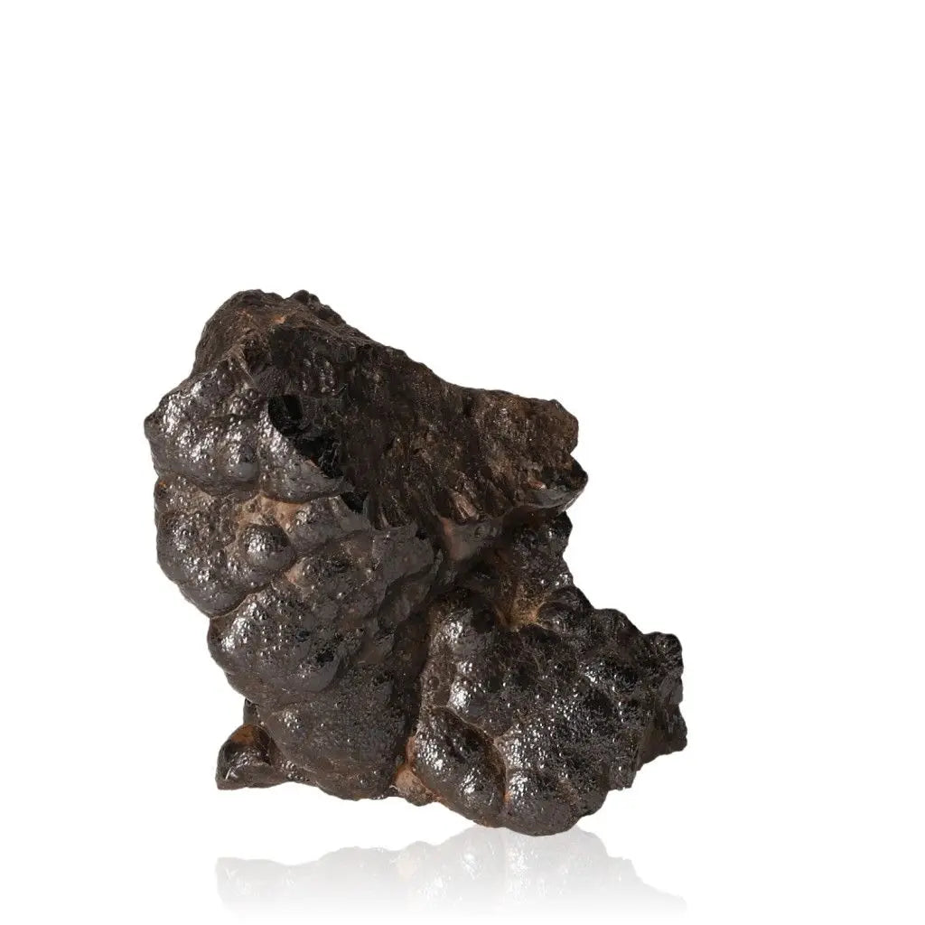Polished botryoidal hematite crystal cluster, metallic and shimmering, for grounding and energy protection.