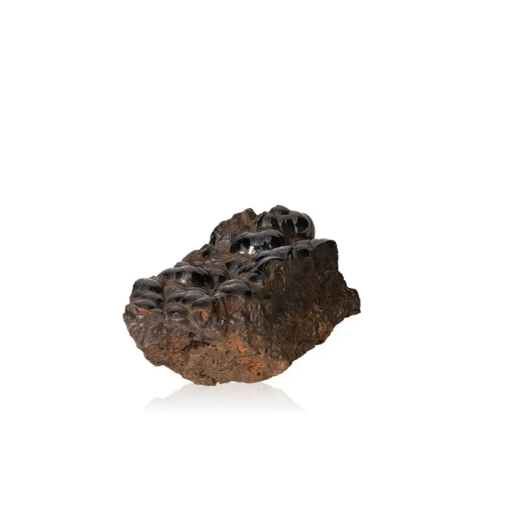 Botryoidal Hematite Druze crystal cluster with a metallic sheen, offering grounding energy and emotional balance, displayed on a white background.
