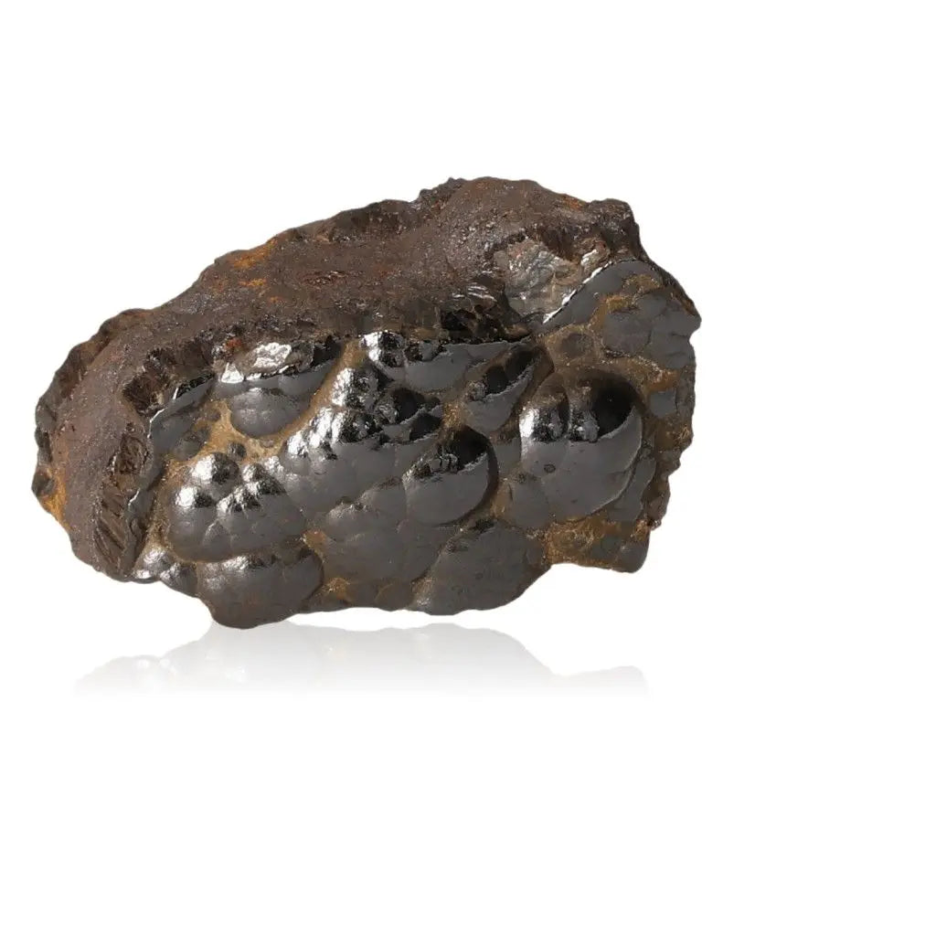 Polished Botryoidal Hematite crystal cluster, metallic shine, enhances grounding, resilience, confidence, spiritual growth, 500x500.
