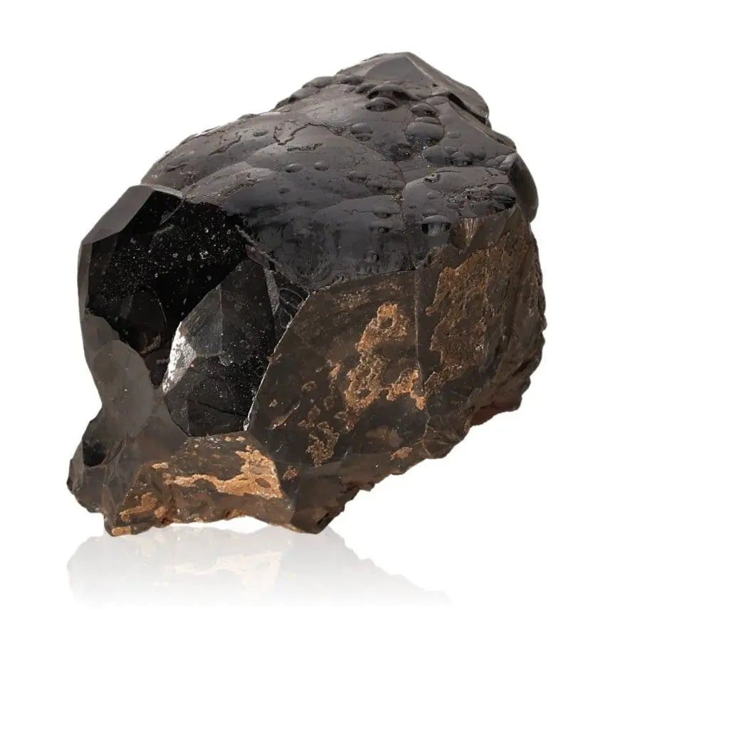 Polished botryoidal hematite crystal cluster, shimmering metallic surface, unique bubble-like formations, grounding and protective stone.