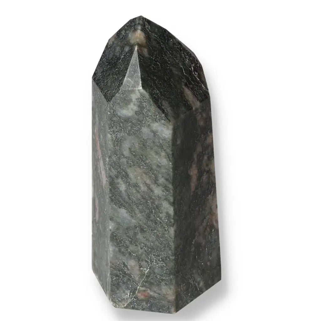 "Elegant Polished Calcite Obelisk for prosperity and confidence enhancement, featured by Sylvia Crystals."