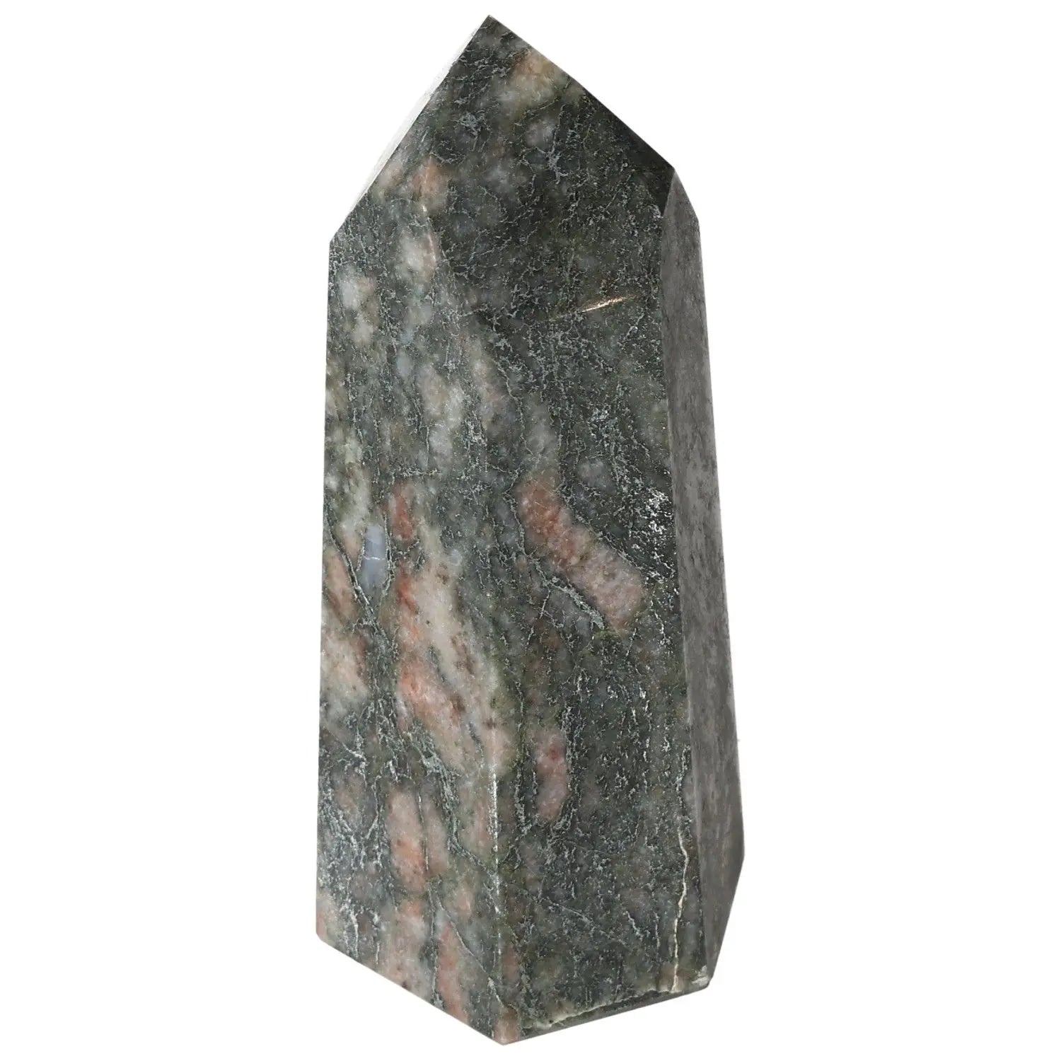 Polished Calcite Obelisk for enhancing confidence and prosperity, by Sylvia Crystals, shown in green and pink hues.