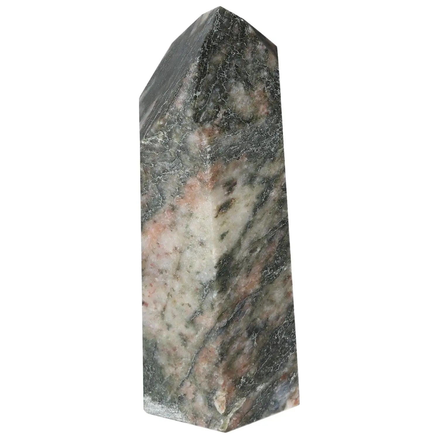 Polished Calcite Obelisk by Sylvia Crystals, enhancing self-confidence and attracting prosperity, with unique color patterns.