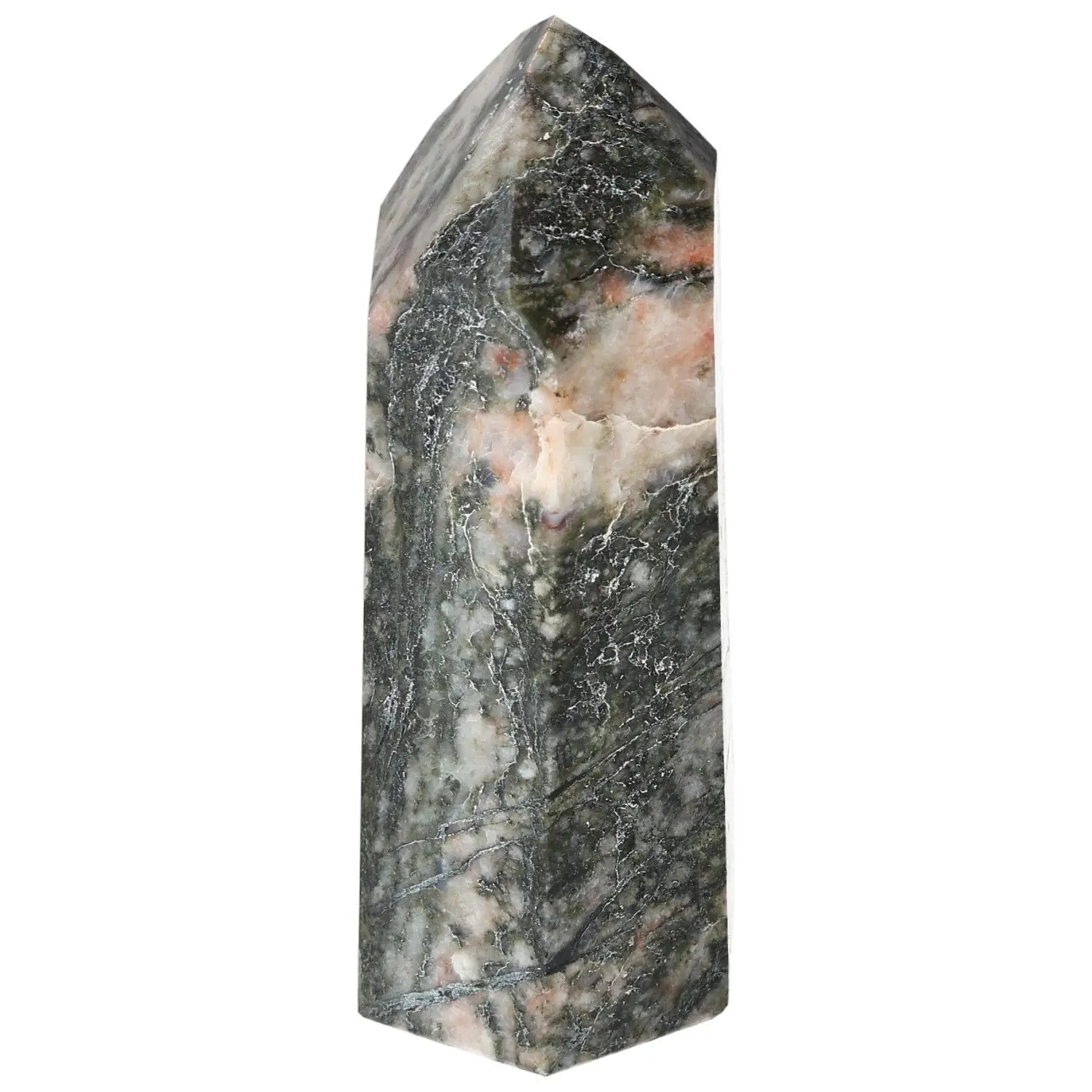 Polished Calcite Obelisk showcasing intricate patterns and smooth finish, ideal for decor and energy enhancement from Sylvia Crystals.