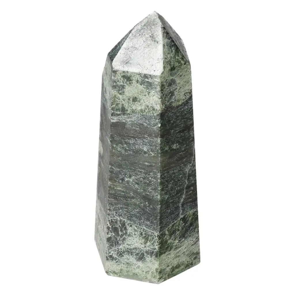 Polished Diopside Obelisk by Sylvia Crystals with vibrant green hue, symbolizing creativity and emotional healing.