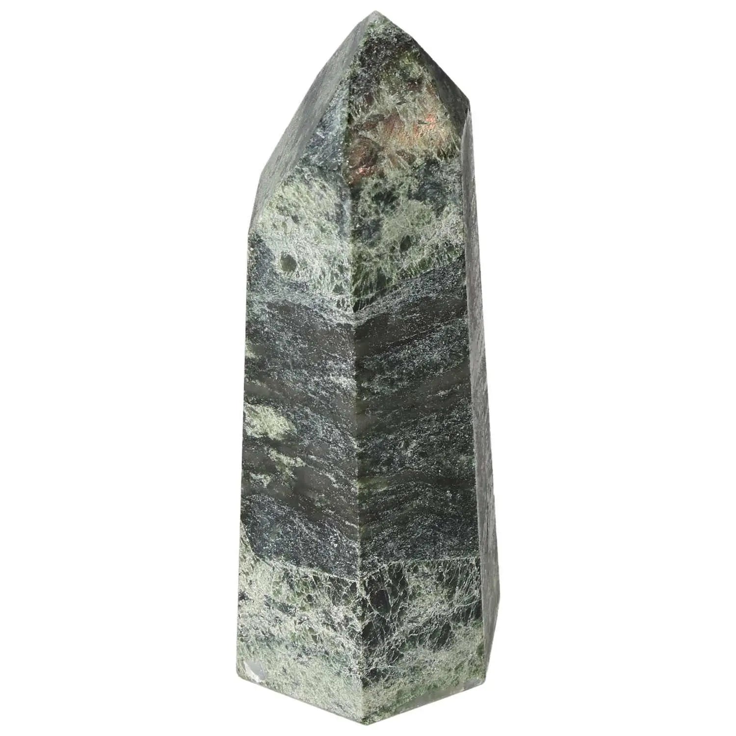 Polished Diopside Obelisk by Sylvia Crystals, vibrant green stone symbolizing creativity and emotional healing, luxury and spirituality essence.
