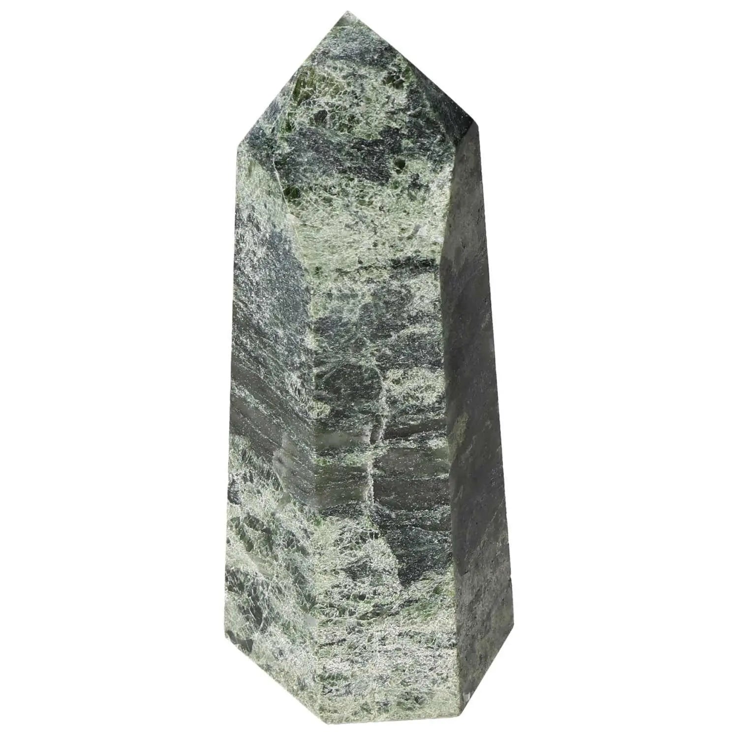 Polished Diopside Obelisk by Sylvia Crystals, symbolizing luxury and emotional healing with vibrant green hues.