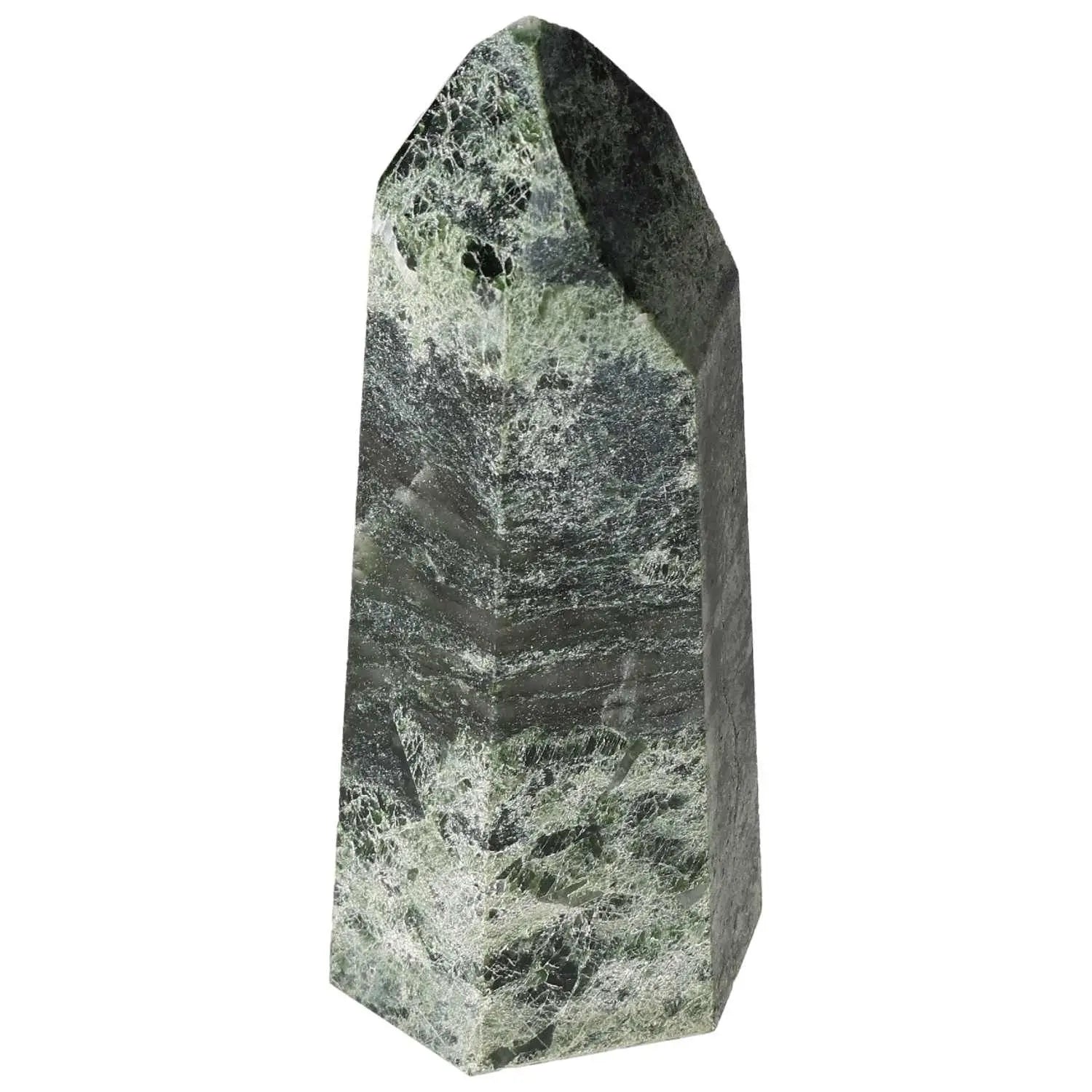 Polished Diopside Obelisk by Sylvia Crystals, luxury green crystal for creativity and healing, symbolizing spirit and matter harmony.