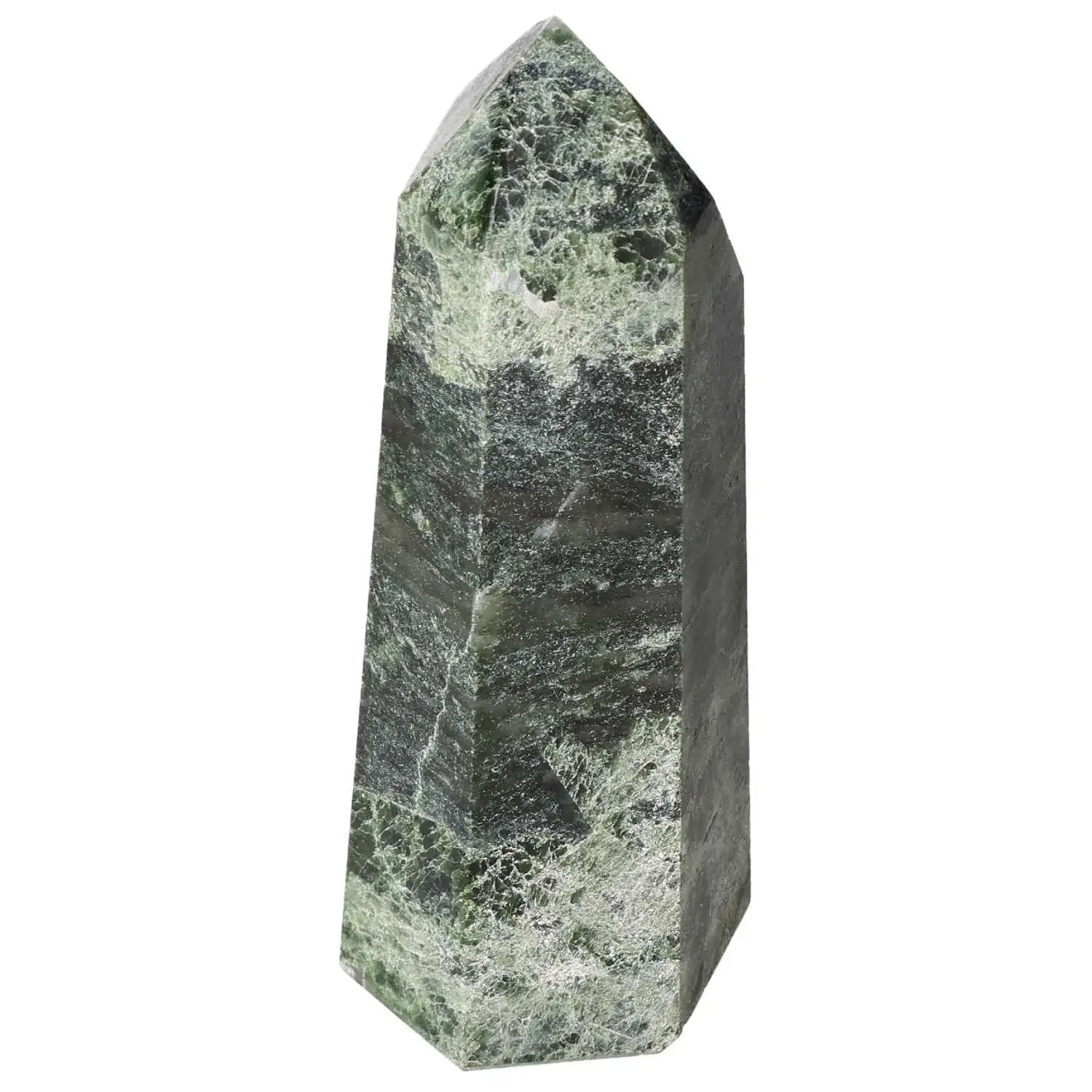 Polished Diopside Obelisk by Sylvia Crystals, vibrant green for creativity and emotional healing, symbolizing luxury and spirituality.