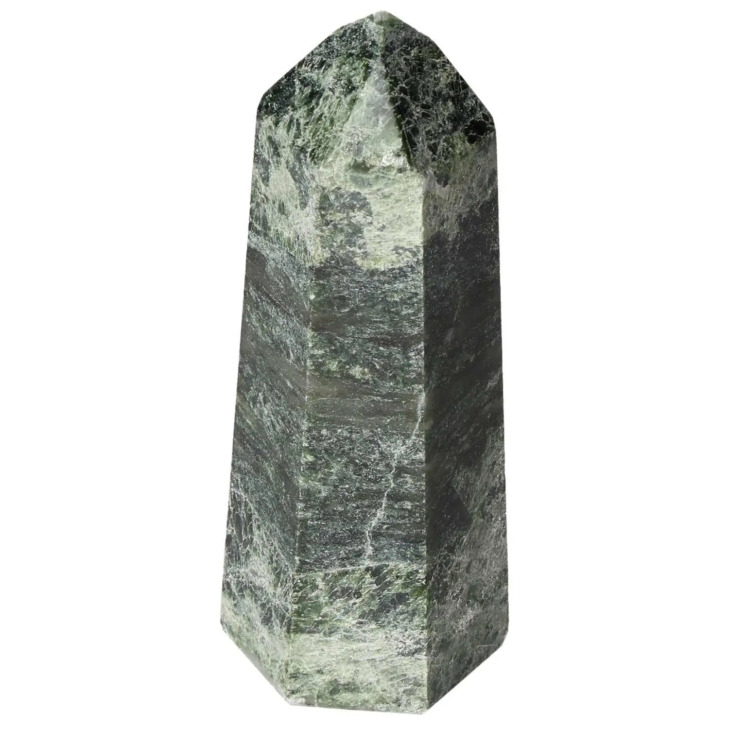 Polished Diopside Obelisk by Sylvia Crystals, green stone with spiritual and emotional healing properties.