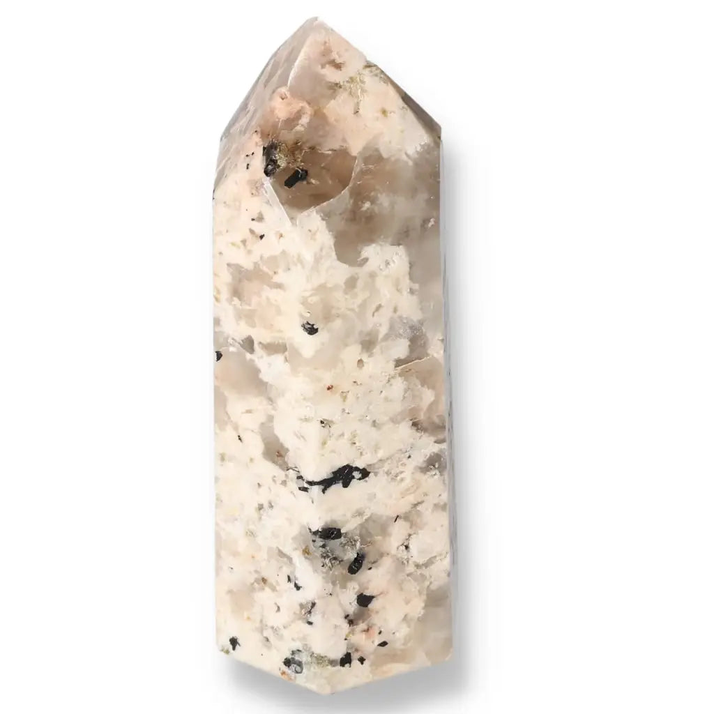 Polished Feldspar Quartz Tourmaline Obelisk from Sylvia Crystals, luxury spiritual decor for creativity and balance.