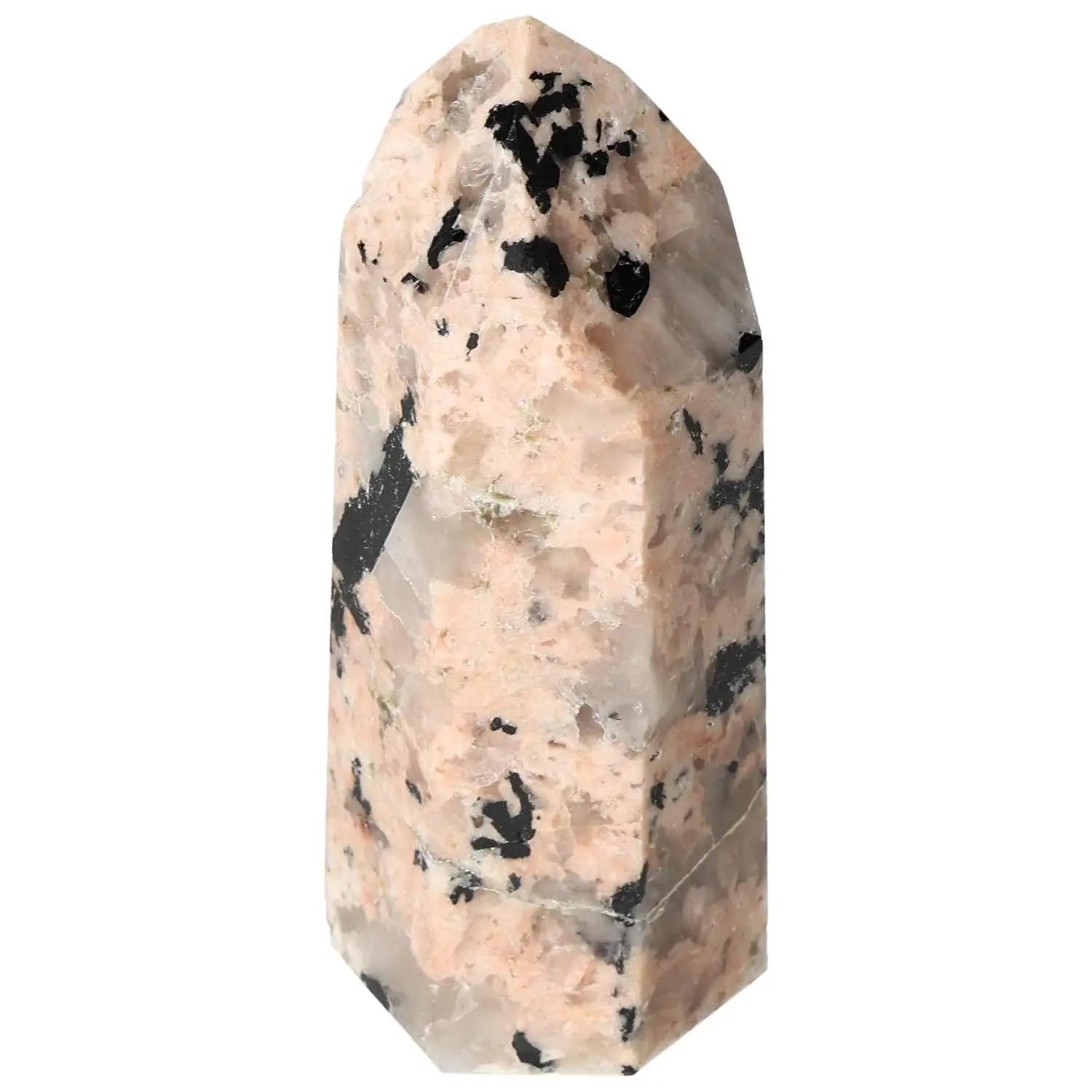 Polished Feldspar Quartz Tourmaline Obelisk with intricate patterns, perfect for creativity and balance enhancement by Sylvia Crystals.