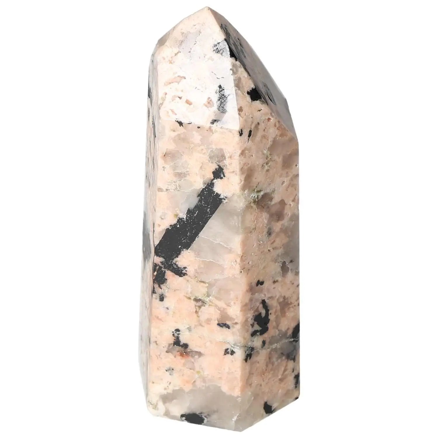 Polished Feldspar Quartz Tourmaline Obelisk showcasing natural colors, crafted by Sylvia Crystals for creativity and balance enhancement.