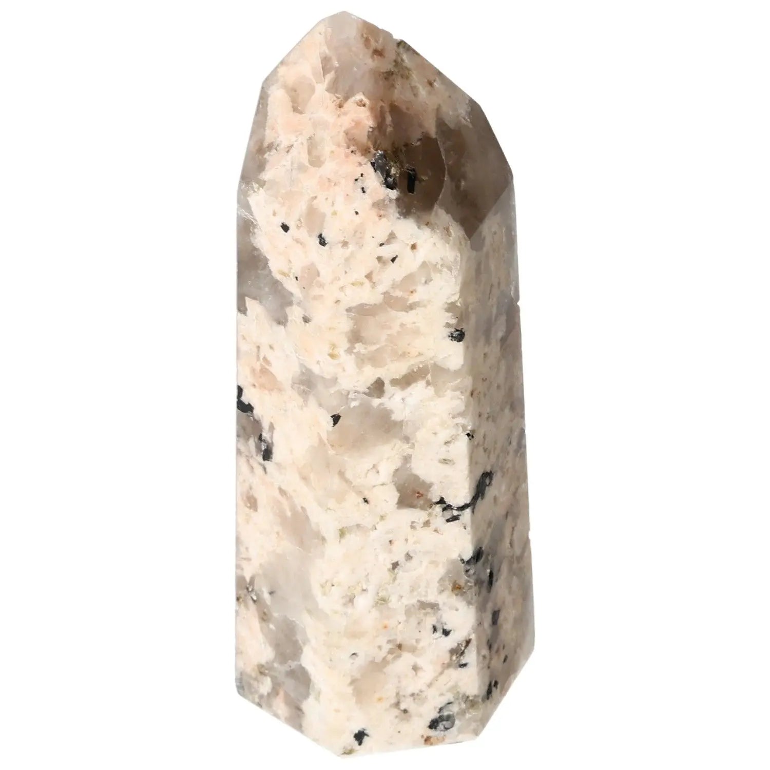 Polished Feldspar Quartz Tourmaline Obelisk from Sylvia Crystals, luxury spiritual decor enhancing creativity and balance.