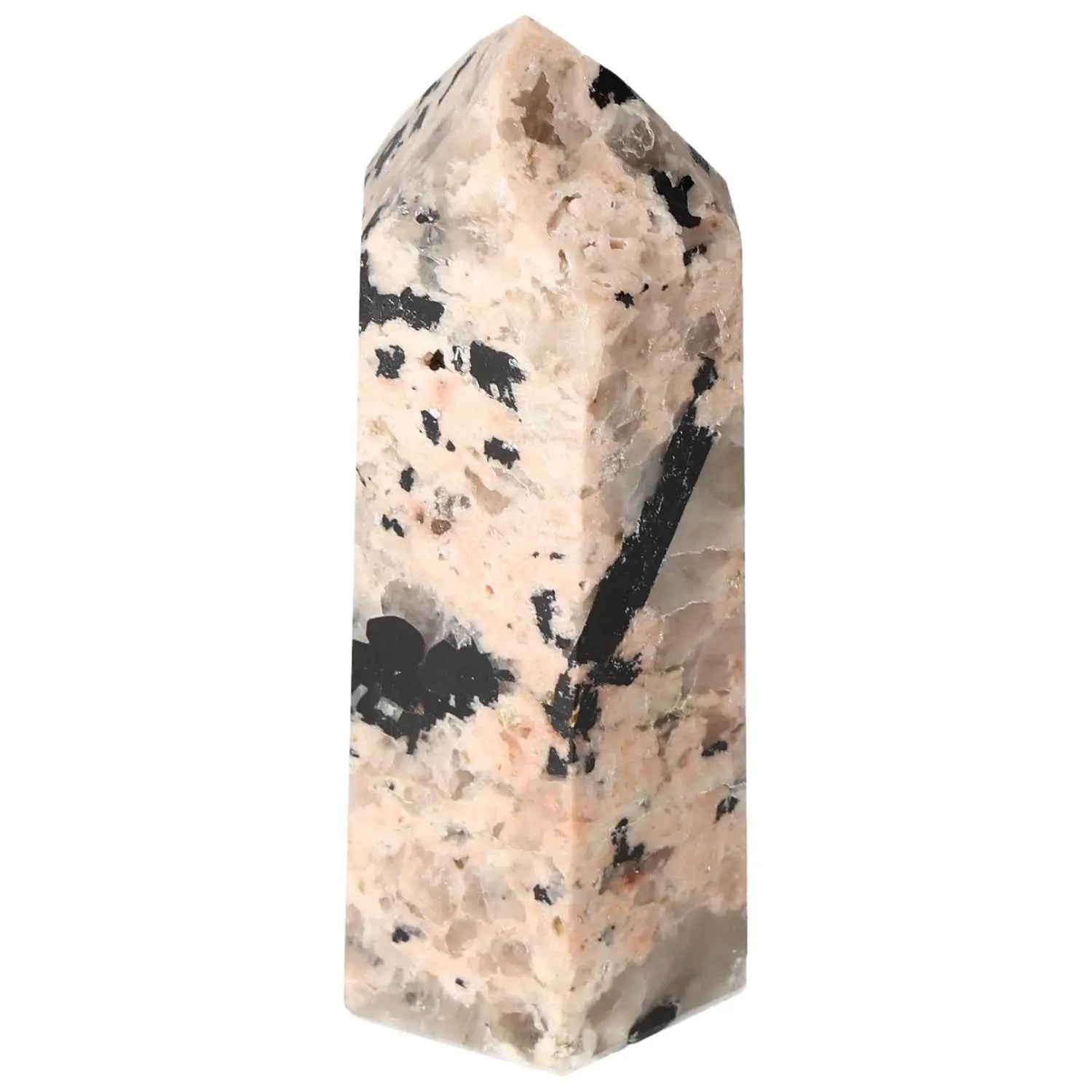 Polished Feldspar Quartz Tourmaline Obelisk by Sylvia Crystals, enhances creativity and balance, exquisite craftsmanship