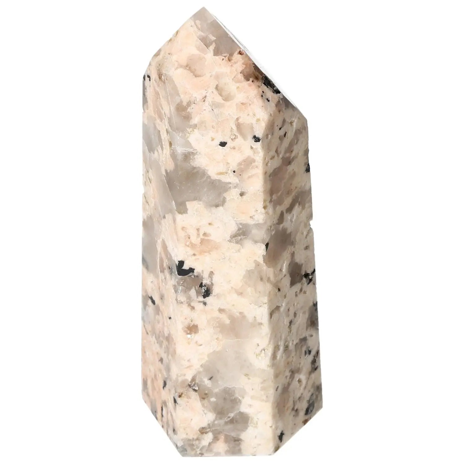 Polished feldspar quartz tourmaline obelisk from Sylvia Crystals, featuring vibrant colors for enhancing creativity and emotional balance.