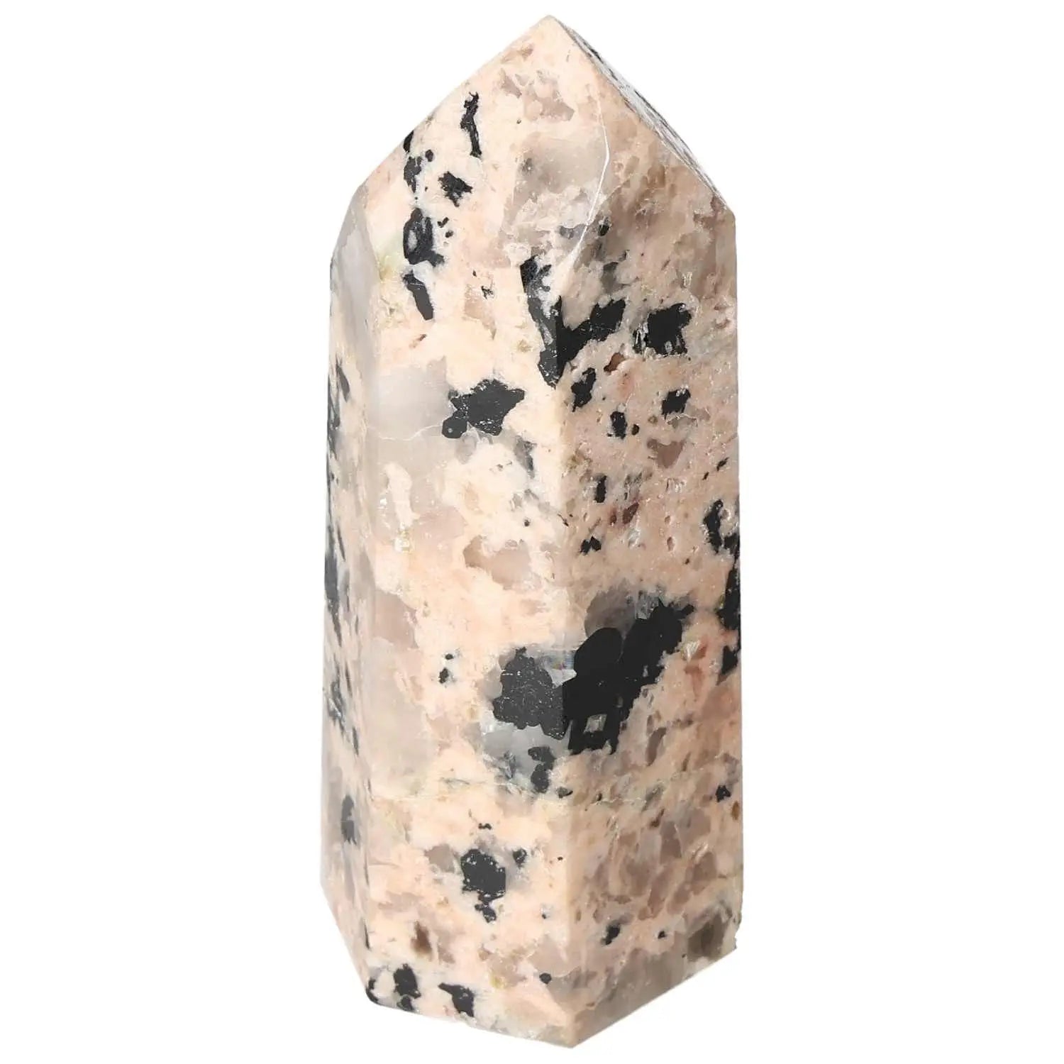 Polished Feldspar Quartz Tourmaline Obelisk by Sylvia Crystals, enhancing creativity and balance with its natural beauty and spiritual essence.